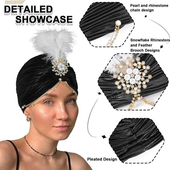 Women Rhinestone Turban Cap Pearl Feather Beanie Vintage Head Cover Hat - Picture 4 of 7